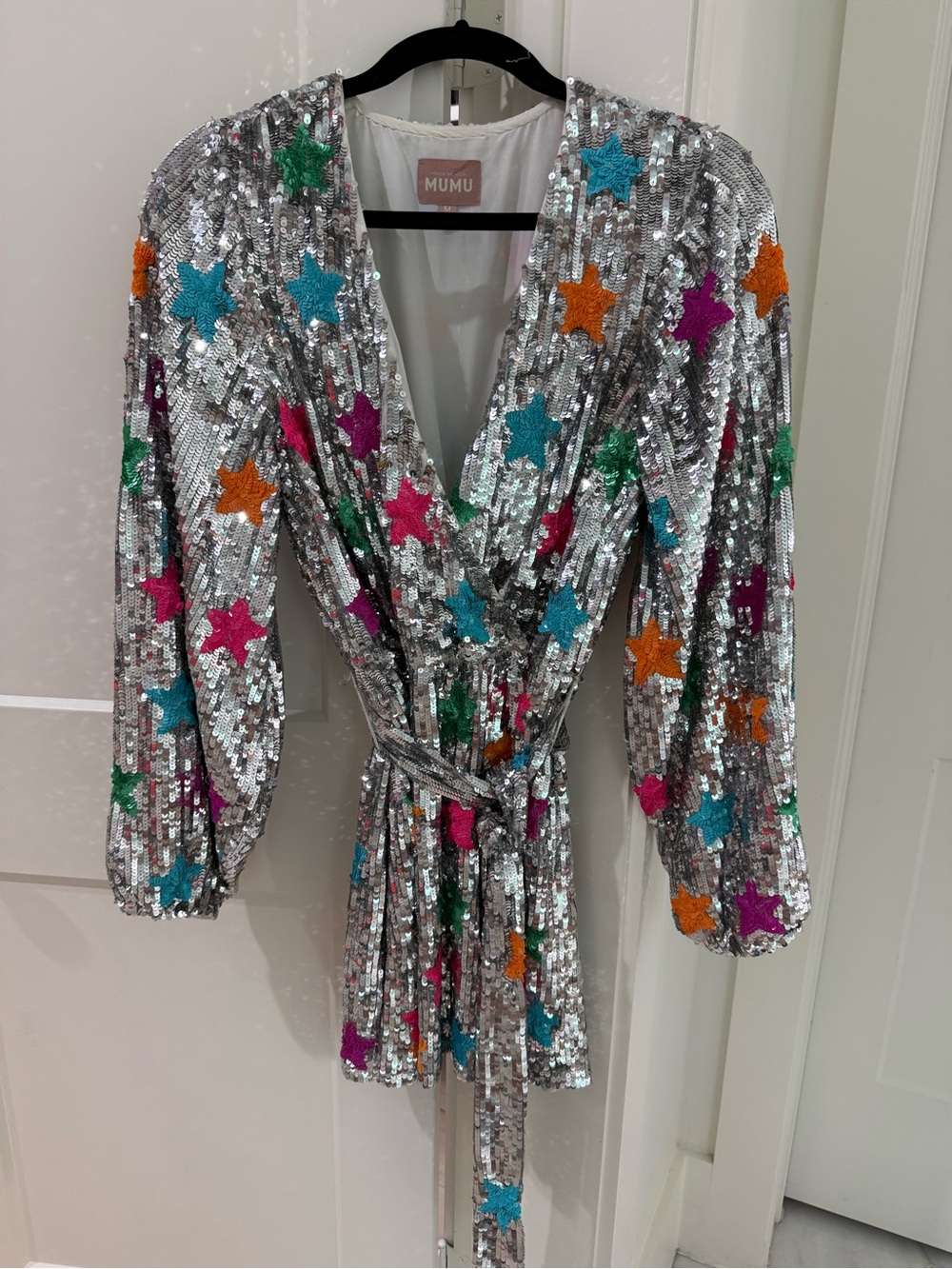 Show Me Your MuMu Silver Sequin Mini Dress with Multicolor Star Appliqués